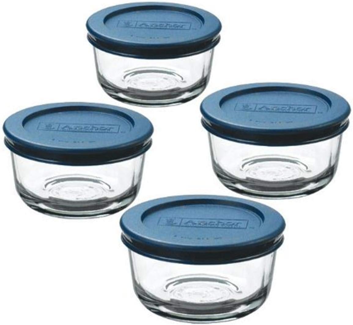 Glass Food Storage Containers with Plastic Lids, Blue, Set of 4 (1-Cup Round)