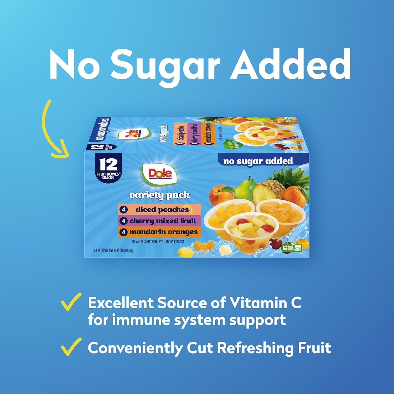 Dole Diced Peaches, Mandarin Oranges, and Cherry Mixed Fruit with No Sugar Added Variety Pack - Dole Fruit Bowls Snacks - 4 oz Bowls - 12 Pack - Image 3