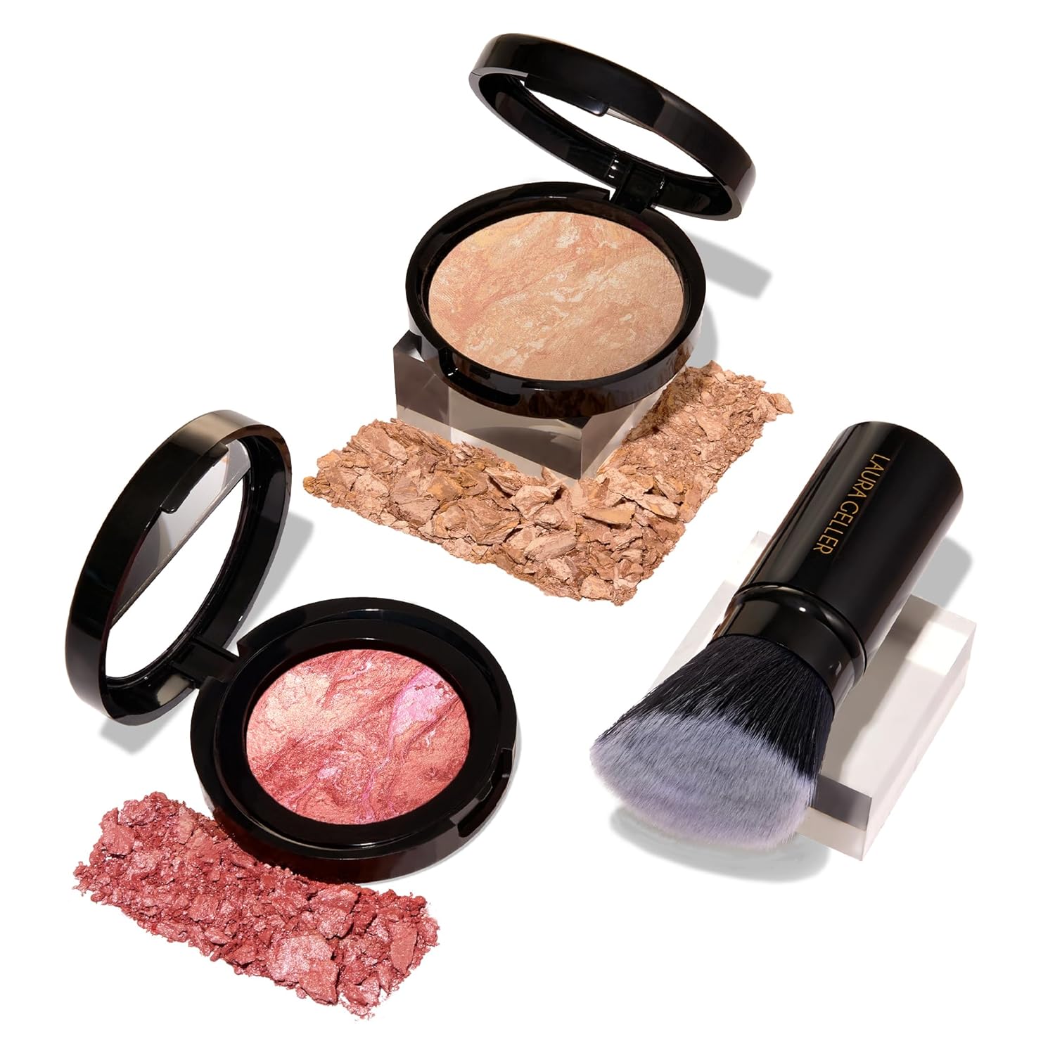 LAURA GELLER NEW YORK Blush-n-Balance 3pc Kit Baked Balance-N-Brighten Color Correcting Foundation, Light + Retractable Kabuki Brush + Baked Blush-N-Brighten, Tropic Hues