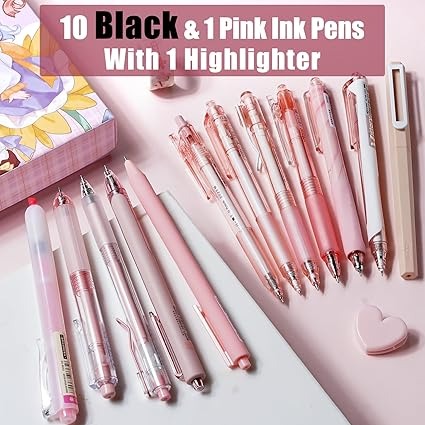 Four Candies 12Pack Pastel Gel Ink Pen Set, Cute Note Taking 0.5mm Fine Point Retractable 11 Pack Black Ink Pens with 1Pack Highlighter for Writing, School, Office (Pink) - Image 3