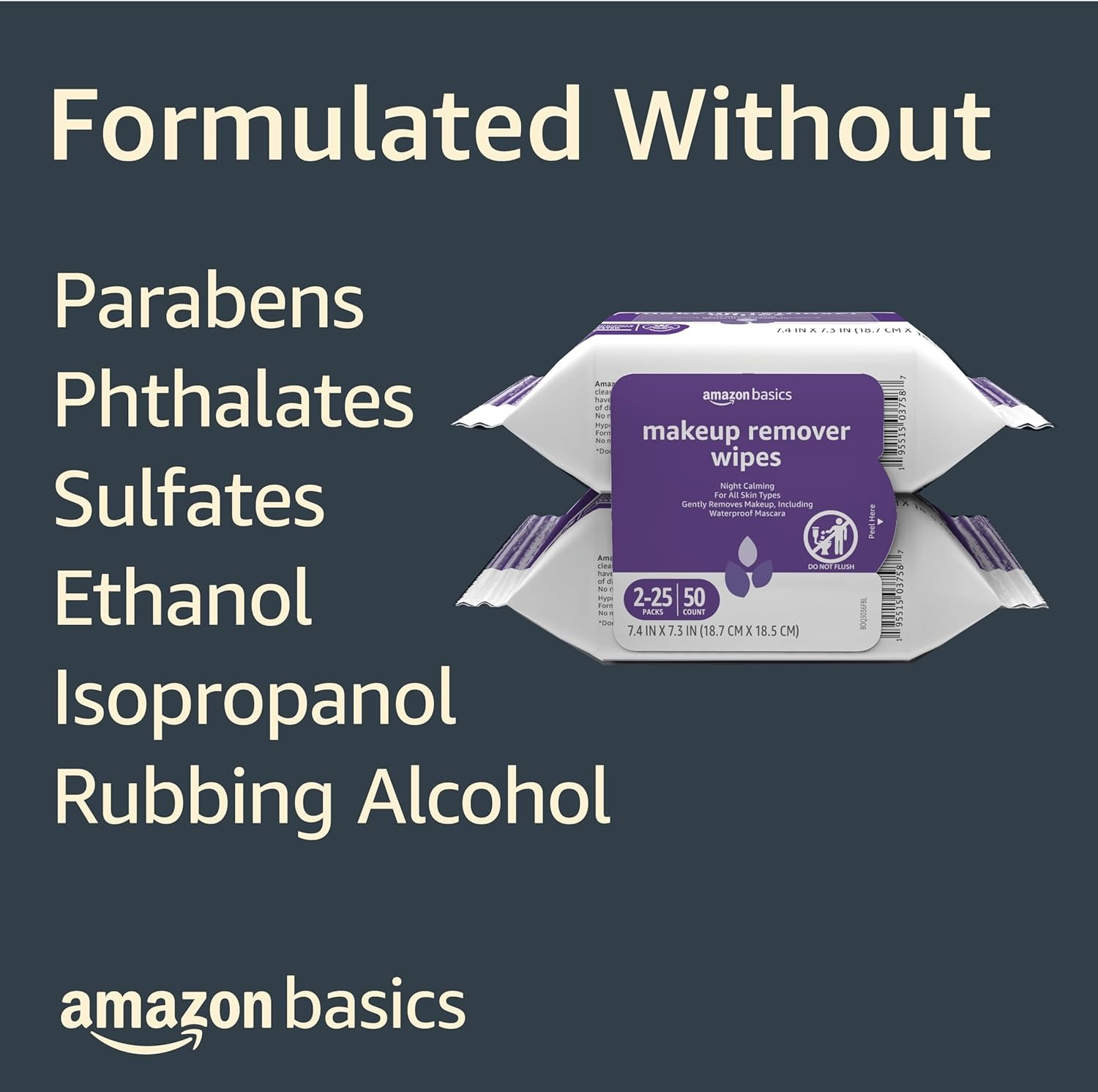 Amazon Basics Make Up Remover Wipes, Night Calming, 25 Count, Pack of 2 (Previously Solimo) - Image 3