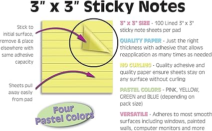 Lined Sticky Notes 3 x 3, 10 Pack, 1,000 Sheets (100/Pad), Self Stick Notes with Lines, Assorted Pastel Colors, by Better Office Products, Post Memos, Strong Adhesive, 10 Pads - Image 4