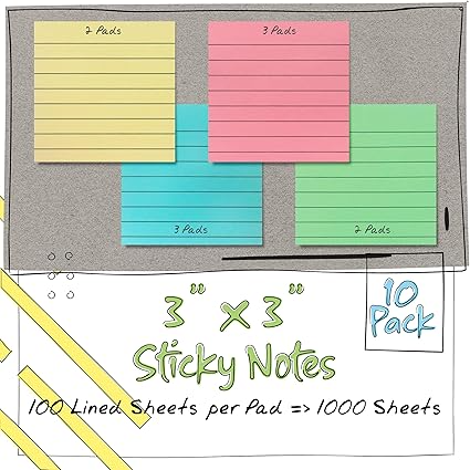Lined Sticky Notes 3 x 3, 10 Pack, 1,000 Sheets (100/Pad), Self Stick Notes with Lines, Assorted Pastel Colors, by Better Office Products, Post Memos, Strong Adhesive, 10 Pads - Image 5